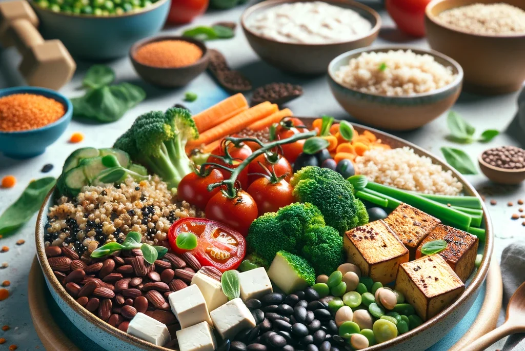 A imagem mostra um prato de refeição saudável e colorido com foco na dieta vegana para hipertrofia No prato há uma variedade de alimentos ricos em proteína
