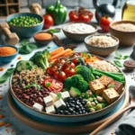 A imagem mostra um prato de refeição saudável e colorido com foco na dieta vegana para hipertrofia No prato há uma variedade de alimentos ricos em proteína